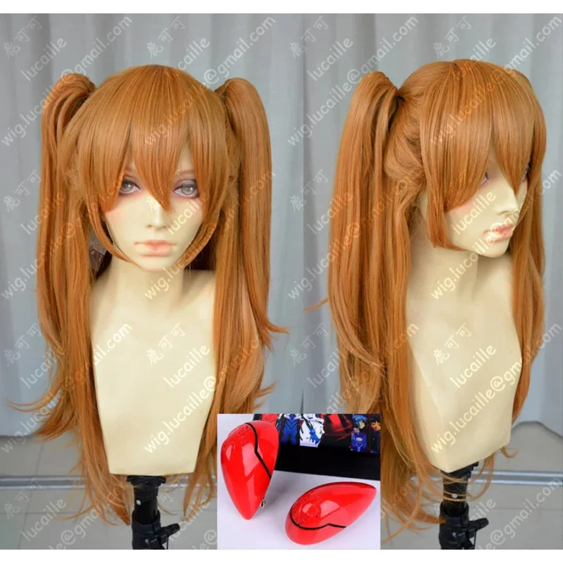 ABC123Anime EVA Asuka Langley Soryu برتقالي طويل مع 2 مشبك ذيل حصان شعر مستعار مقاوم للحرارة + عرافة؛ 3,f'6,h.7;j