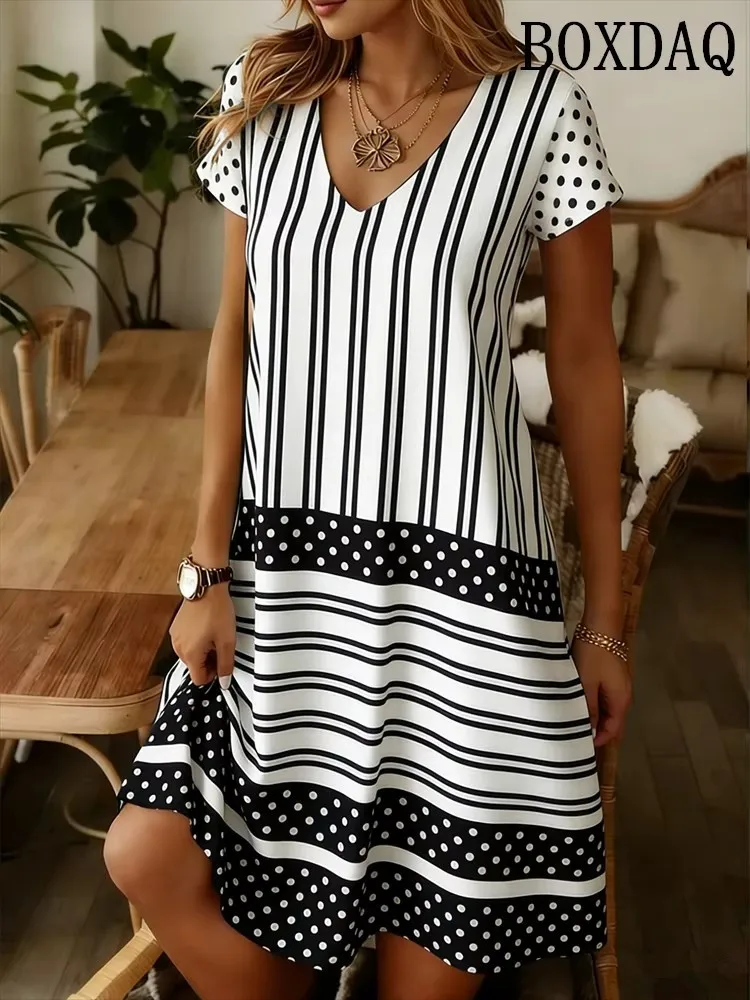 Elegant Fashion Polka Dot Striped Dress For Women 2026 Summer Clothing Plus Size Casual V-Neck Short Sleeve Loose Midi Dresses