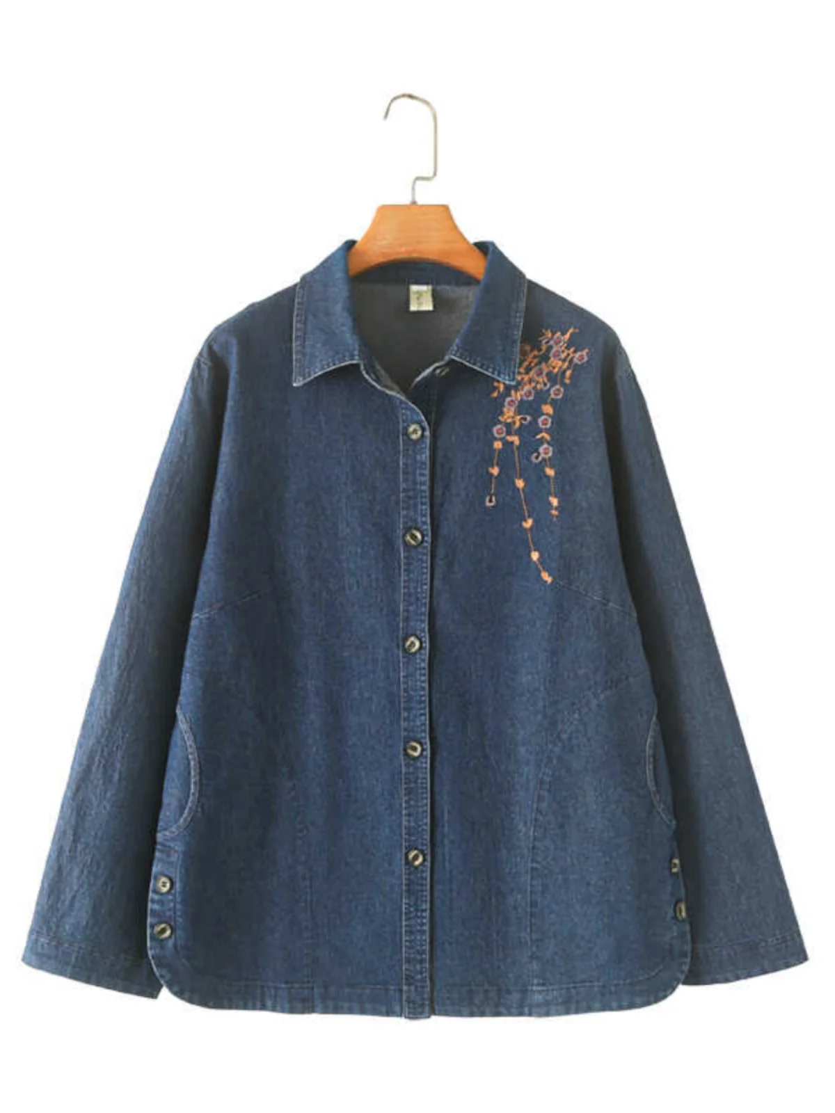 

Floral Embroidered Shoulder Denim Shirt Stand Collar Oversized Outerwear for Middle-Aged And Elderly Women Spring Autumn Fashion