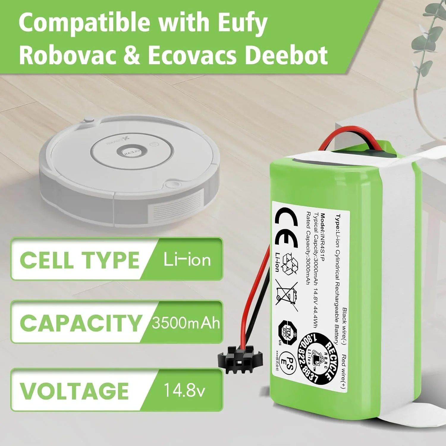 14.4V 2600mAh Li-ion Replacement Battery for Conga 950 990 1090 Eufy RoboVac 11 11S MAX 15C 30C MAX G10 G20 G30 Ecovacs N79S N79