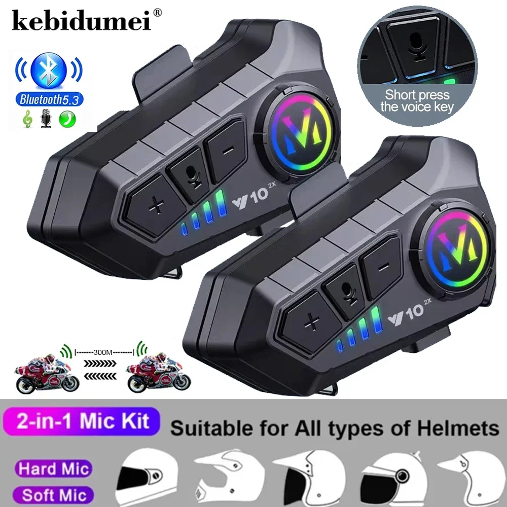 1/2pcs Motorcycle Helmet Intercom Headset Bluetooth 5.3 Voice Assistant Music Player Distance 300M IPX6 Waterproof Interphone
