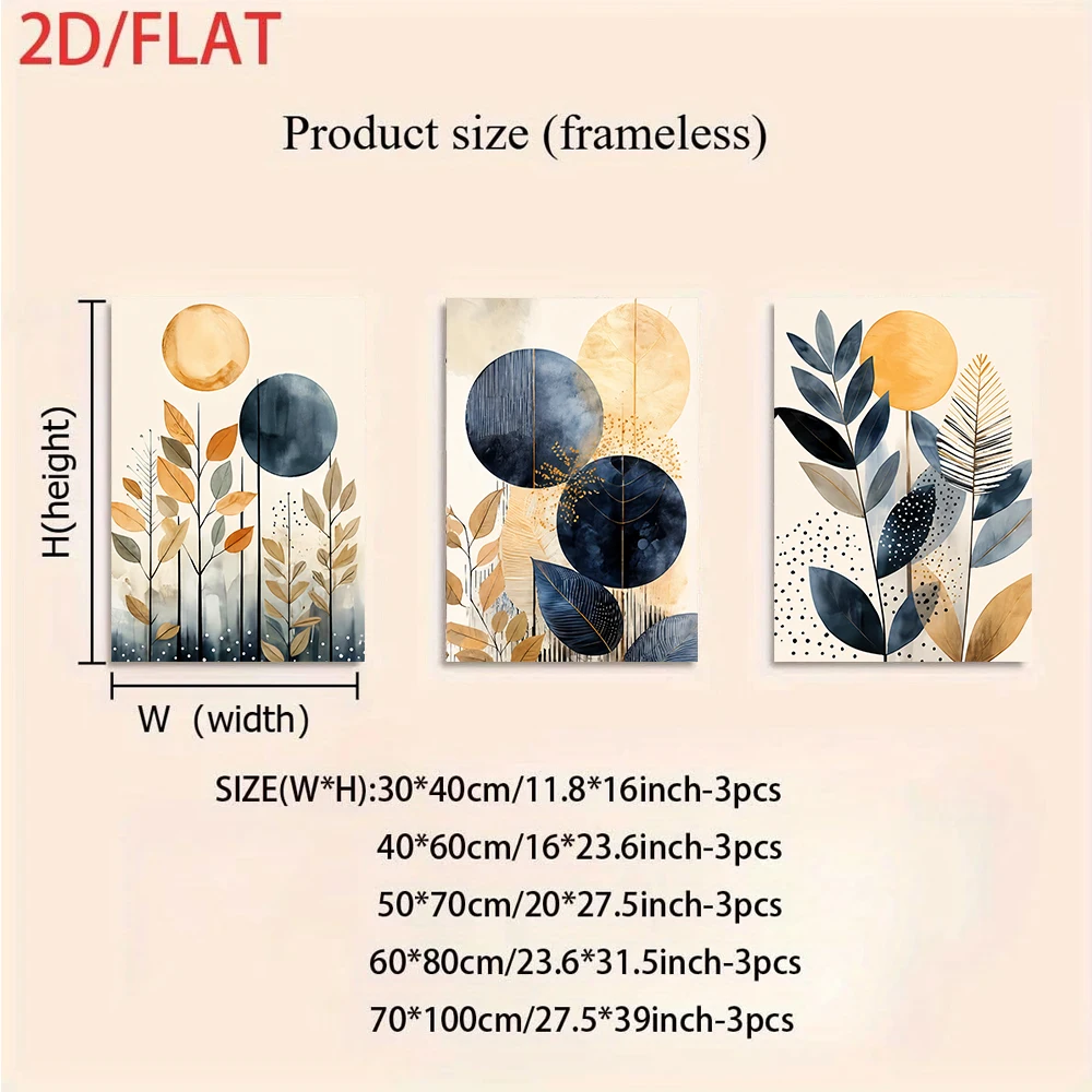 3pcs frameless Canvas Painting 1 set of abstract botanical decorative paintings, three-panel frameless paintings, 2D flat design