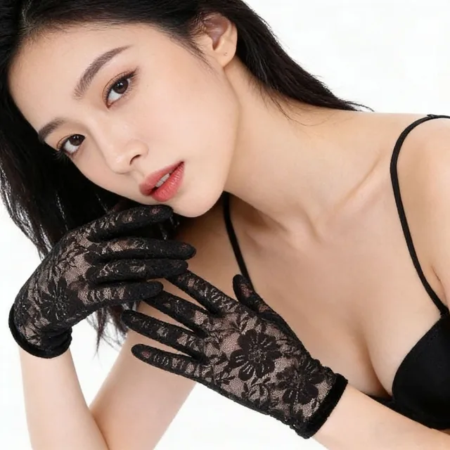 Floral Lace Short Gloves Solid Color High Elasticity Sun Protection Gloves Full Finger Breathable Mesh Wedding Dress Gloves 4