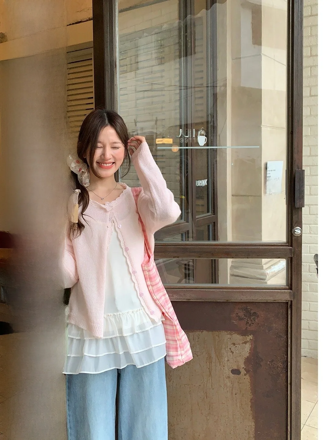 

Pink Knitted Lace Trim Open Cardigan Two Piece Set Soft Gentle Style Spring Summer Breathable Comfortable for Women City Walk
