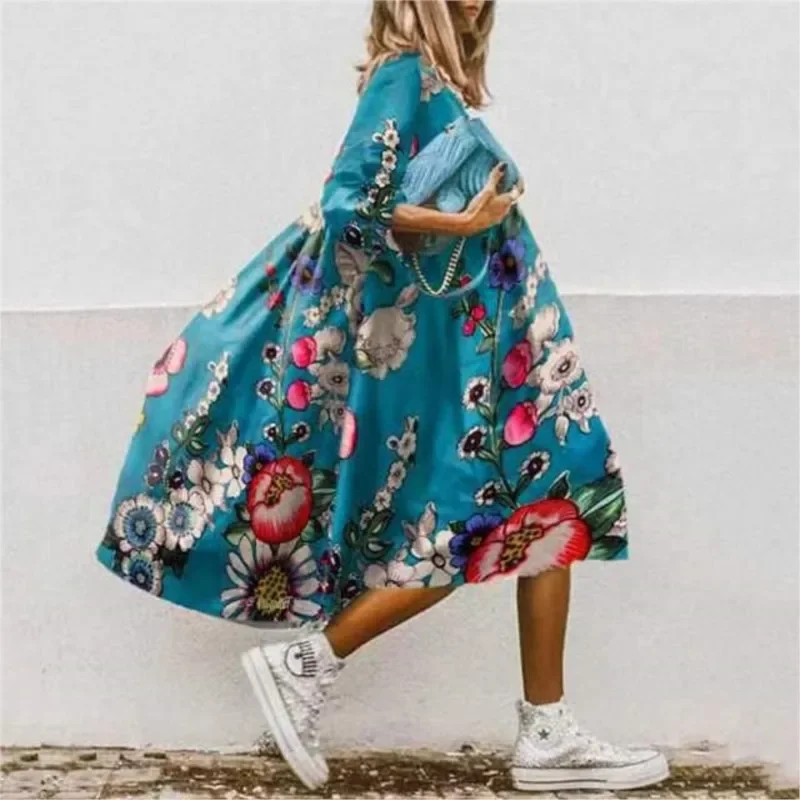 Fashion Floral Print Boho Oversize Loose A-line Dress For Women Summer Casual Three Quarter Sleeves Holiday Midi Dresses Female