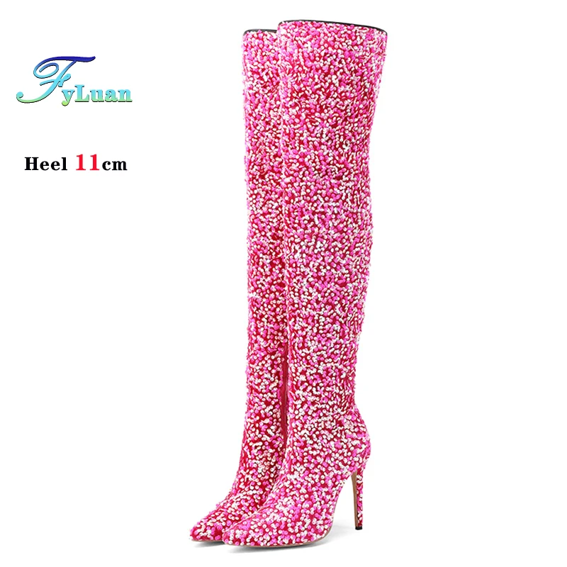 Over-the-Knee Boots for Women Pink Sequins Point Toe Boots Thin High-heeled Purple Thigh Long Boots Sexy Zip Heels Stiletto Shoe