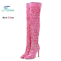 Over-the-Knee Boots for Women Pink Sequins Point Toe Boots Thin High-heeled Purple Thigh Long Boots Sexy Zip Heels Stiletto Shoe