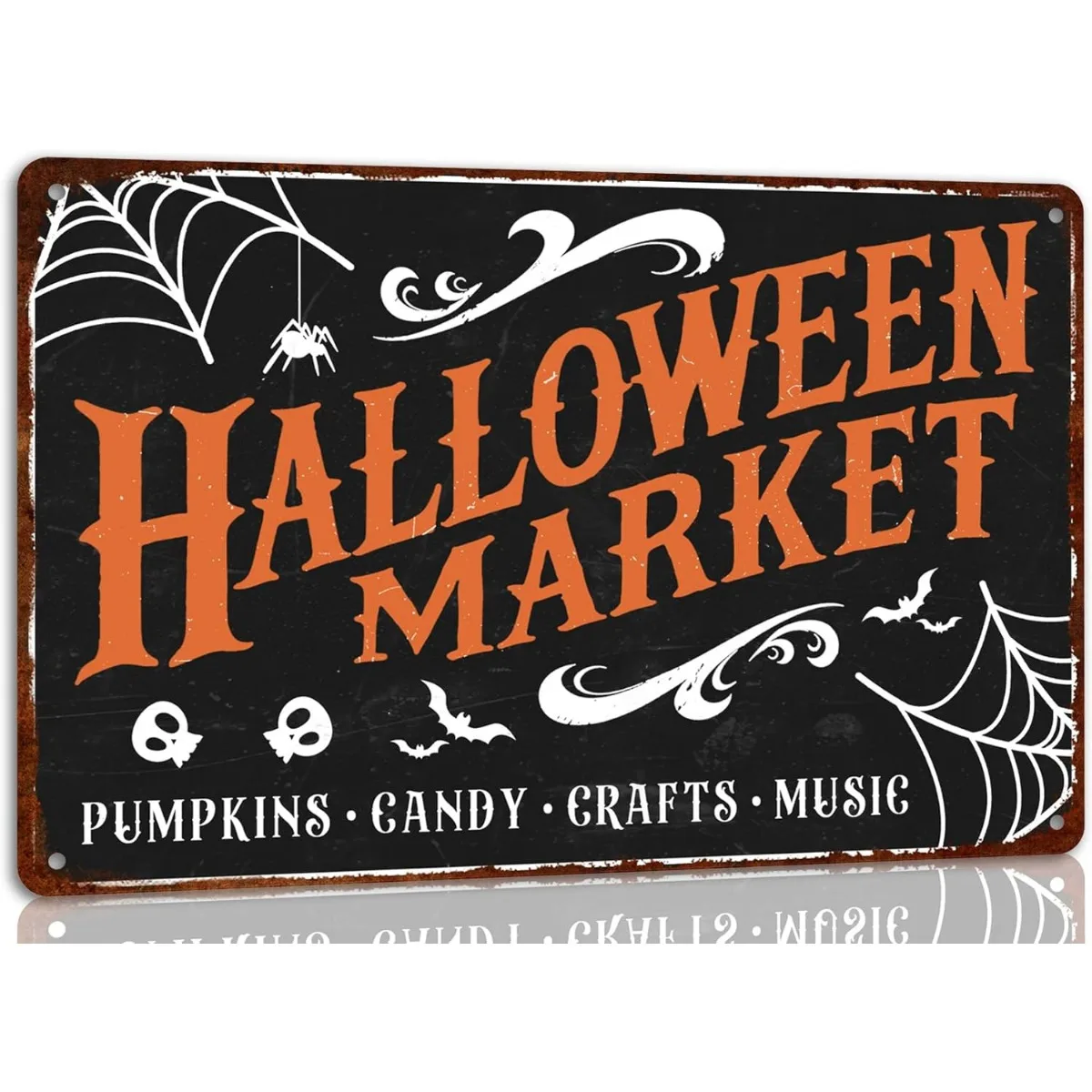 Vintage Halloween Market Metal Tin Sign - Creepy Witch, Pumpkin, Ghost Decor for Home, Office, Haunted House and Party - UV Resistant, Waterproof, Pre-drilled Holes for Easy Hanging - Multi-purpose Wall Decor, 8 x 12 Inches