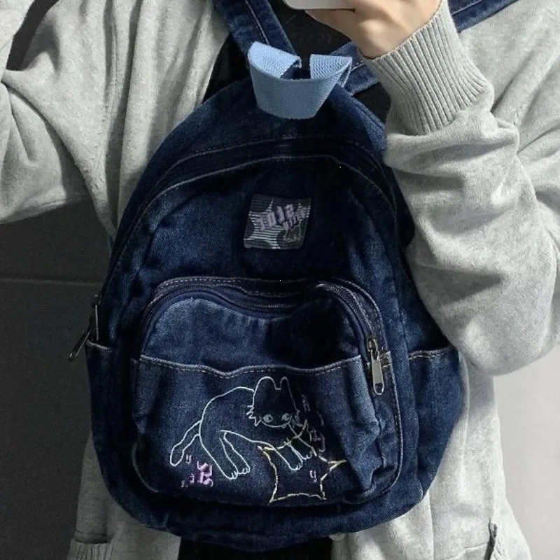 Japanese Simple Kawaii Cat Backpack Denim Handbag Shoulder Bags Large Capacity Student Schoolbag Cute Women Backpack