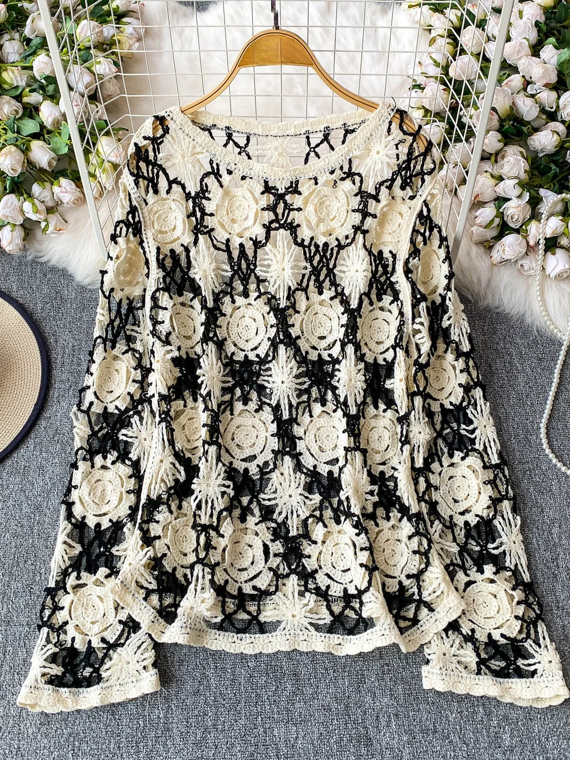 Top de punto hoado estilo bohemio para mujer, con mangas acampanadas, diseño calado, para verano, actividades al aire libre...