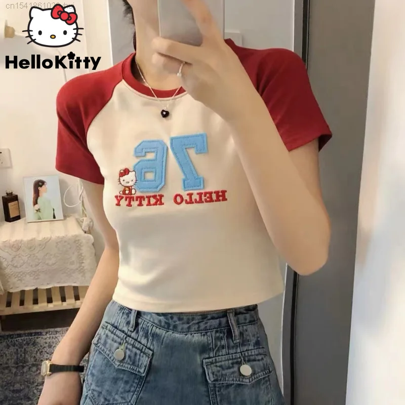 Sanrio Hello Kitty New T-shirt Kawaii Anime Embroidered Cotton Short Tees Yk2 Hip Hop Streetwear Japanese Style Crop Top Female