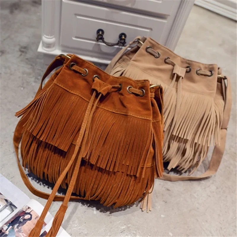 Retro Faux Suede Fringe Women Messenger Bags Tote New Handbag Tassel Shoulder Handbags Crossbody Bag Bucket