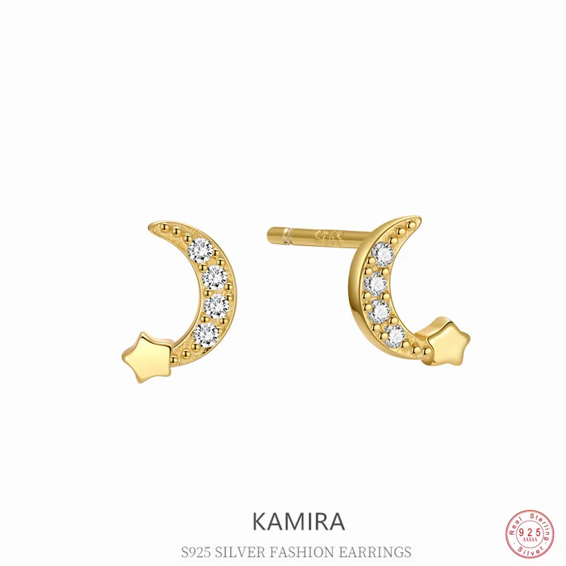 

KAMIRA 925 Sterling Silver Sweet Star Moon Zircons Earrings for Women Party Romantic Delicate Tender Jewelry Girl Birthday Gifts
