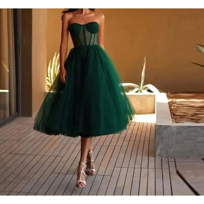 2025 simples verde tule uma linha curto vestidos de baile querida sheer espartilho superior chá comprimento formal vestidos de festa personalizado