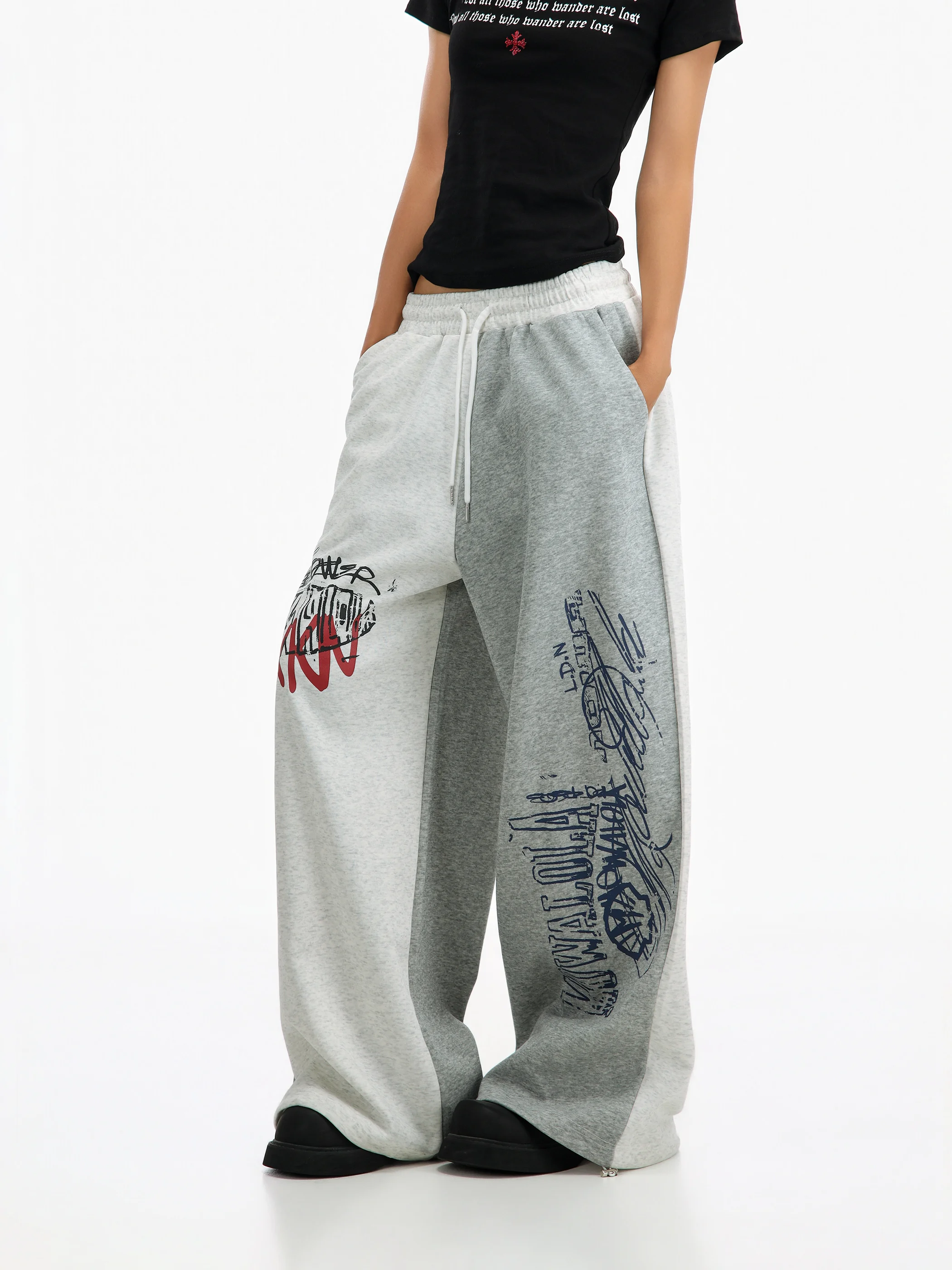 

Y2K Sweet Cool Color Block Design Loose Floor-Length Casual Pants Women's Sporty Wide Leg Trousers Vintage Pattern City Walk