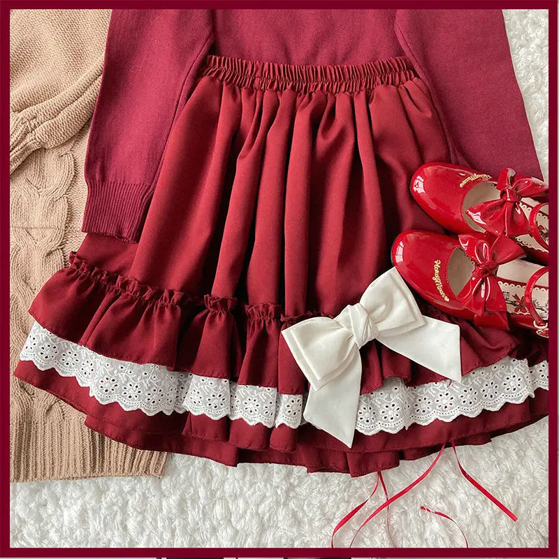 Japanese Harajuku Girls Red Blue Gothic Lace Mini Pleated Skirt Punk Cute Lolita Cake MIni A-Line Short Skirts 2022