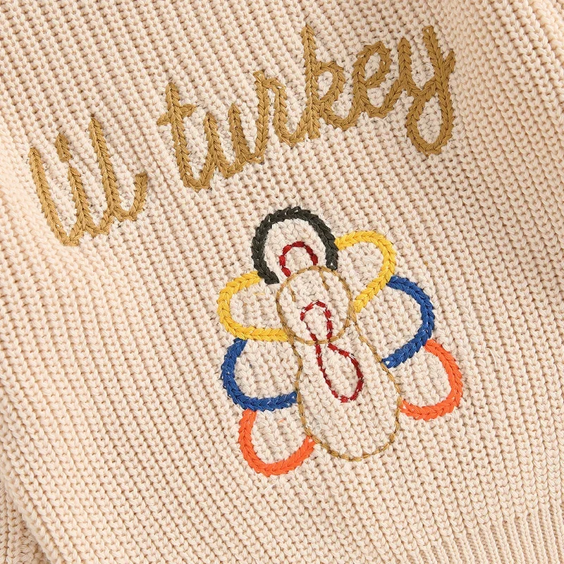 2024-07-30 Lioraitiin Toddler Thanksgiving Sweater Casual Letter Turkey Embroidery Warm Knitted Long Sleeves Pullover Knitwear