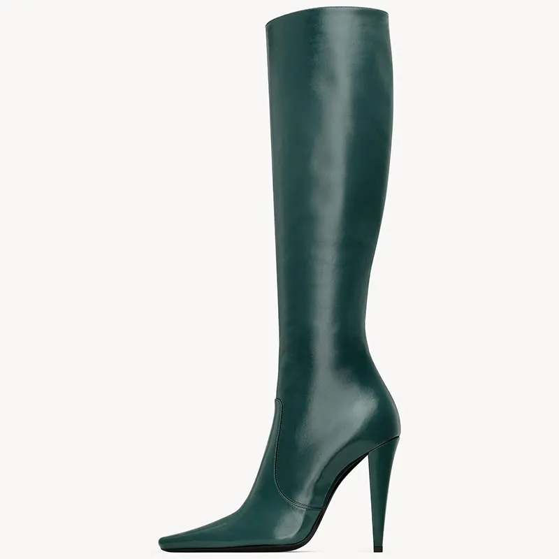 Women Retro Knee‑High Boots Pointed Square Toe Cone Super High Heel Slouch Shaft Faux Leather Boots Snake Print Solid Color Even