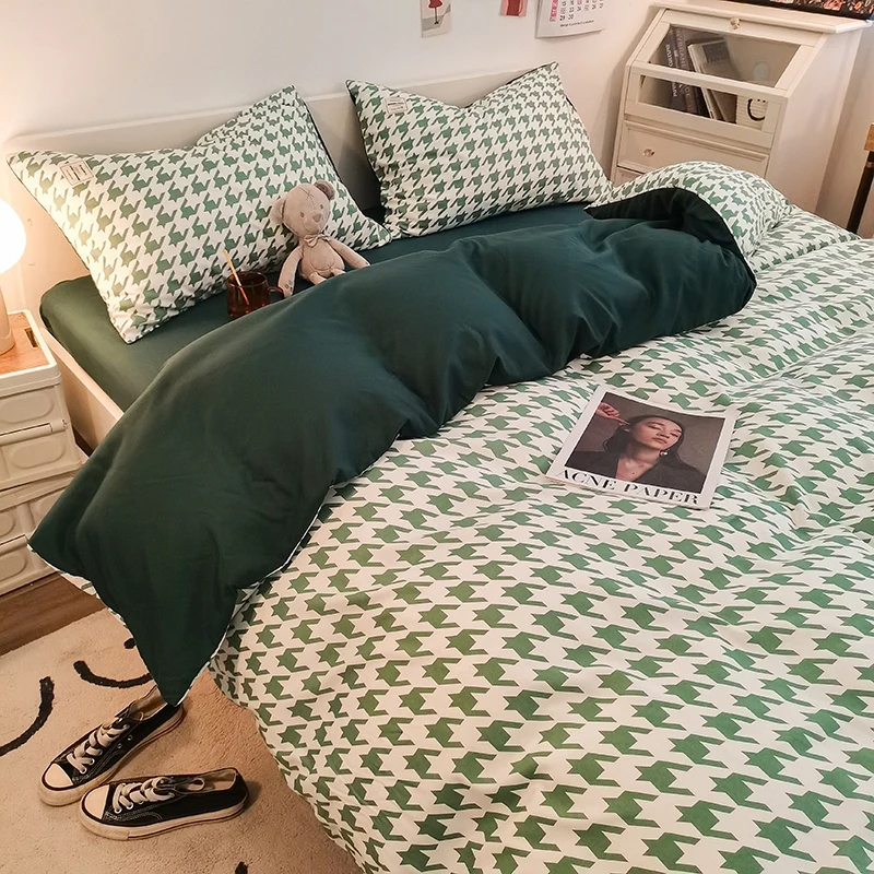Japanese Style Unprinted Feng Shui Washed Cotton Four Piece Bed Sheet Duvet Set Student Dormitory Three Piece Bedding Set