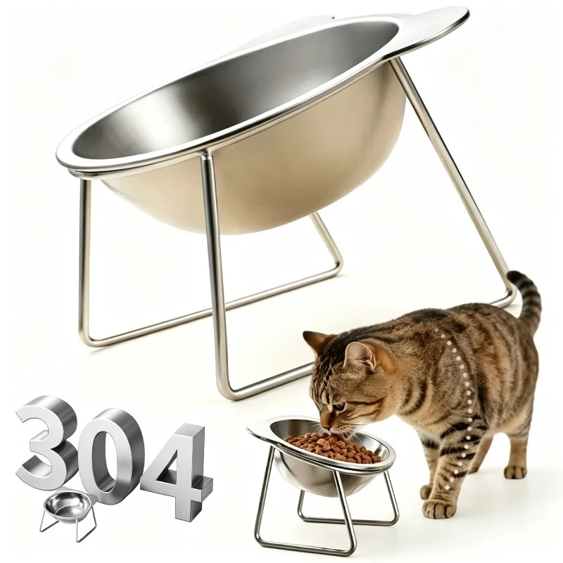 Tigela Elevada para Gatos em Aço Inoxidável 304 15 ° Protetor de Pescoço Inclinado à Prova de Quebra para Gatos e Filhotes, Alimentação Saudável, Produtos para Animais de Estimação, Comedouro para Gatos