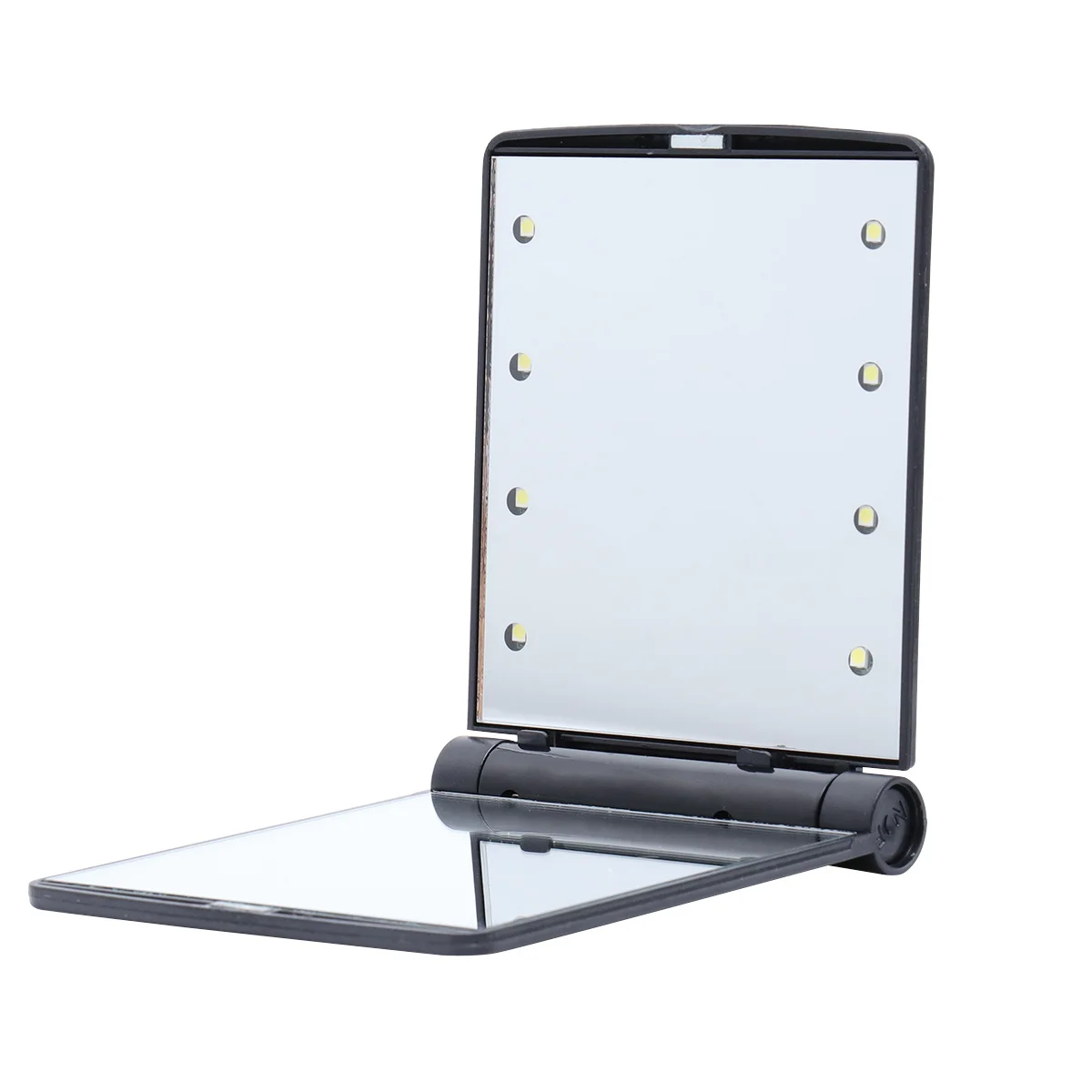 Espejo de maquillaje compacto LED plegable de doble cara Mini espejo de bolsillo portátil negro con 8 luces brillantes