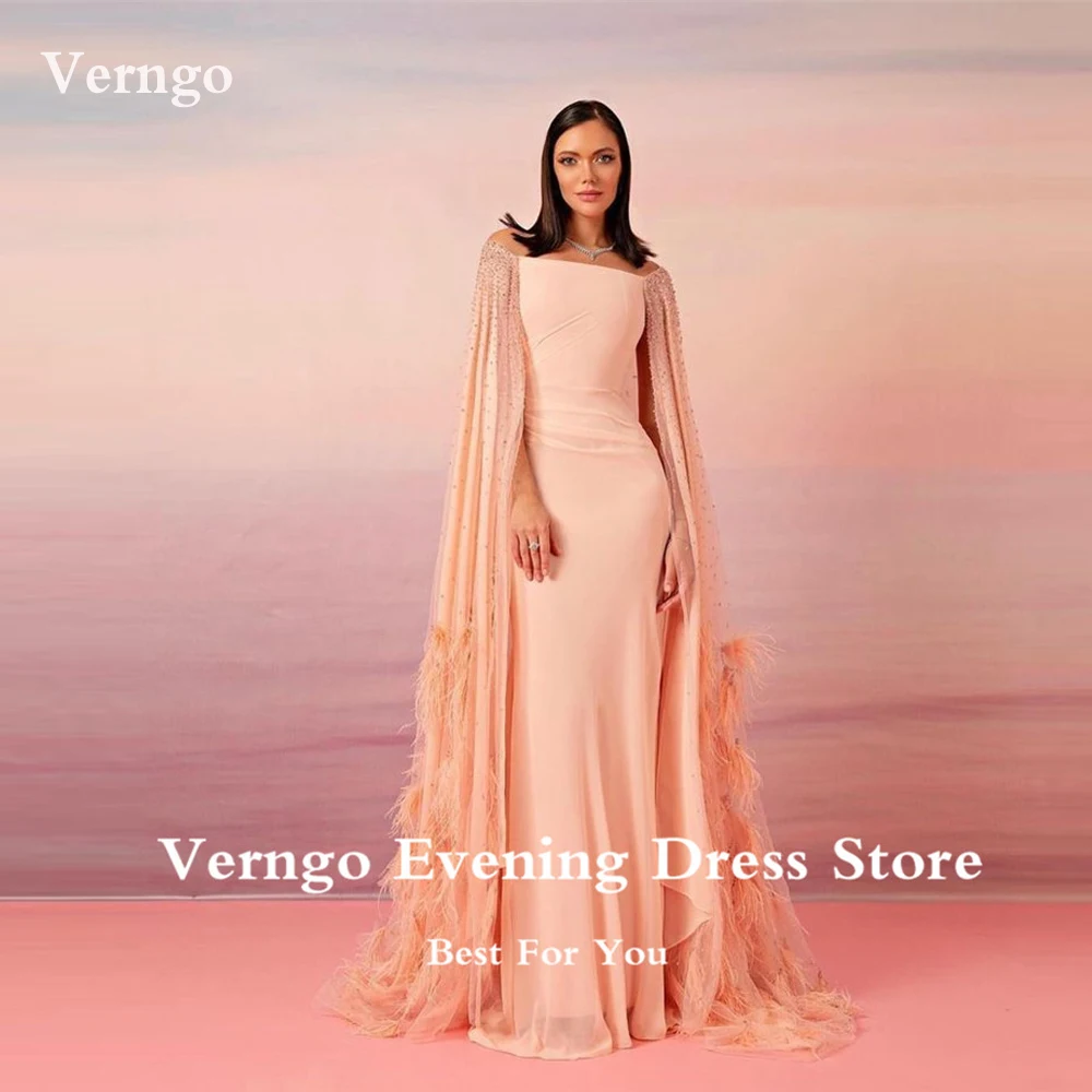 Verngo Luxury Blush Chiffon Mermaid Evening Dresses Cape Feathers Beads Dubai Prom Dress Formal Occasion Gown Customized