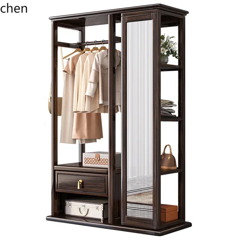 HT Solid Wood Floor-standing Coat Rack with Integrated Dressing Mirror, Rotatable for Bedroom and Living Room Storage Rack