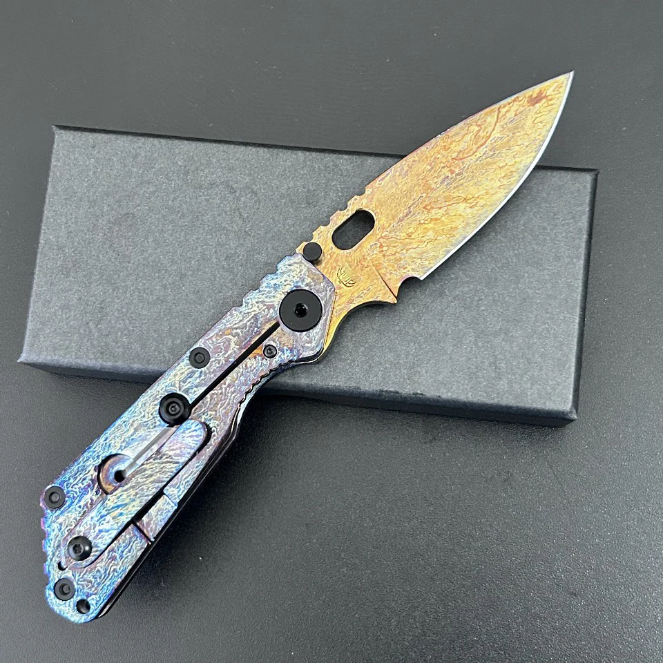 D2 Steel Folding Knife SNG, Flame Texture Titanium Handle CNC Machined, Collectible EDC Pocket Tool for Camping Hiking