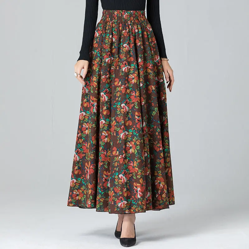 2023 Spring Summer Half-length Skirt High Waist Literature Retro National Style Medium Length A-line Skirt Korean Women Clothes