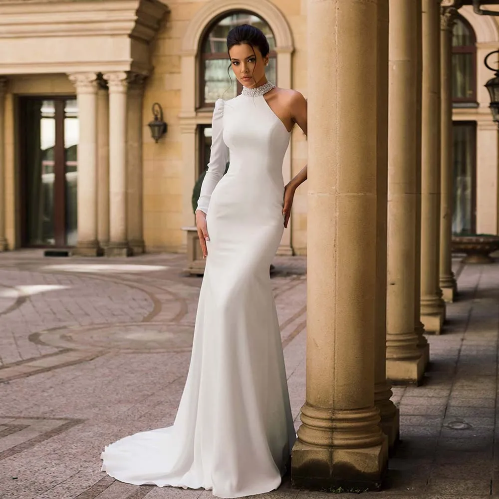 

Customized Elegan Beach Wedding Dresses Mermaid High Collar Buff Bleeve Pearl Detailing train Brides Dress Vestidos De Novia