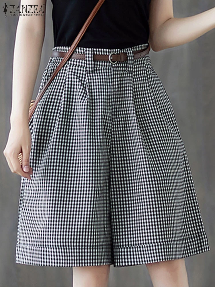 ZANZEA Woman Casual High Waist Gingham Shorts 2025 Summer Loose Checked Wide-Leg Shorts Day Wear Commuting Knee-Length Pants