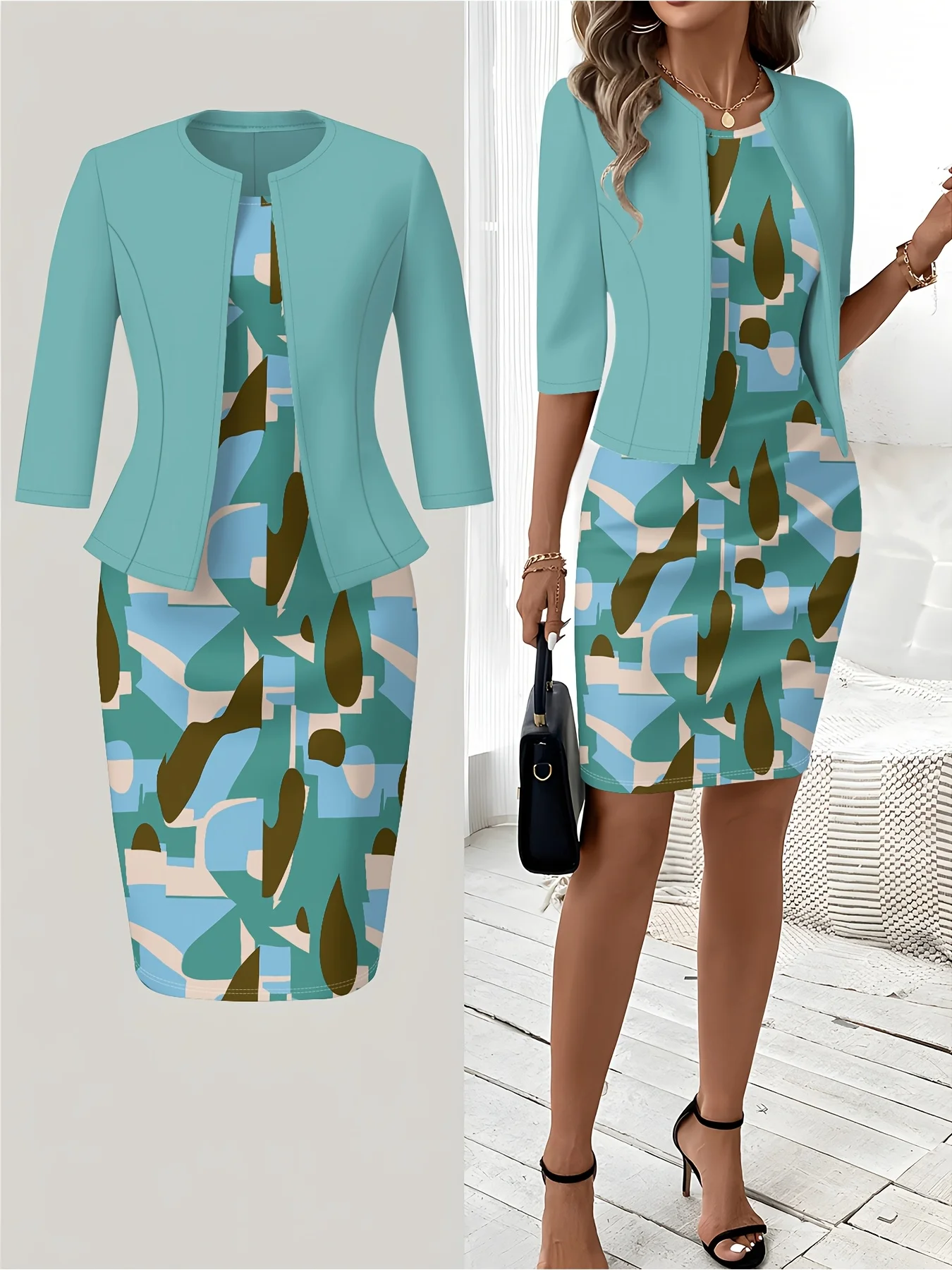 Print Design Casual Style Color Block Geometric Patch Print Round Neck Sleeveless Dress Set