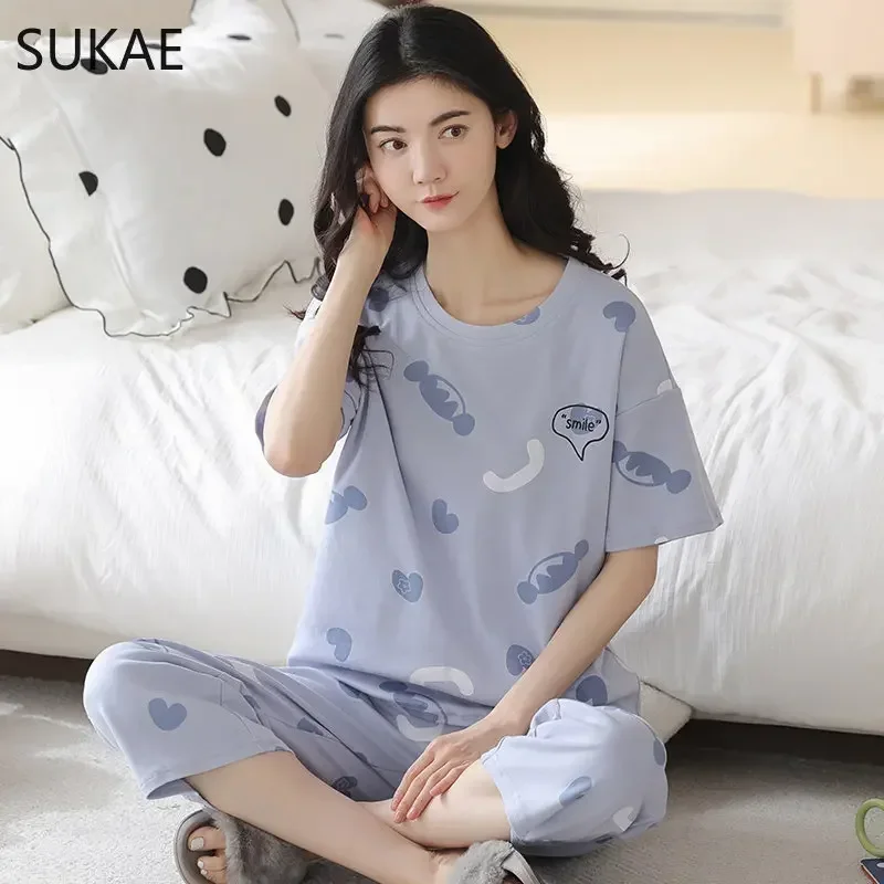 SUKAE 100% Cotton Woman\'s Capris Pajamas Sets Short Sleeves Calf-length Sleepwear Summer Quarter Pants Homesuits Woman Pijamas