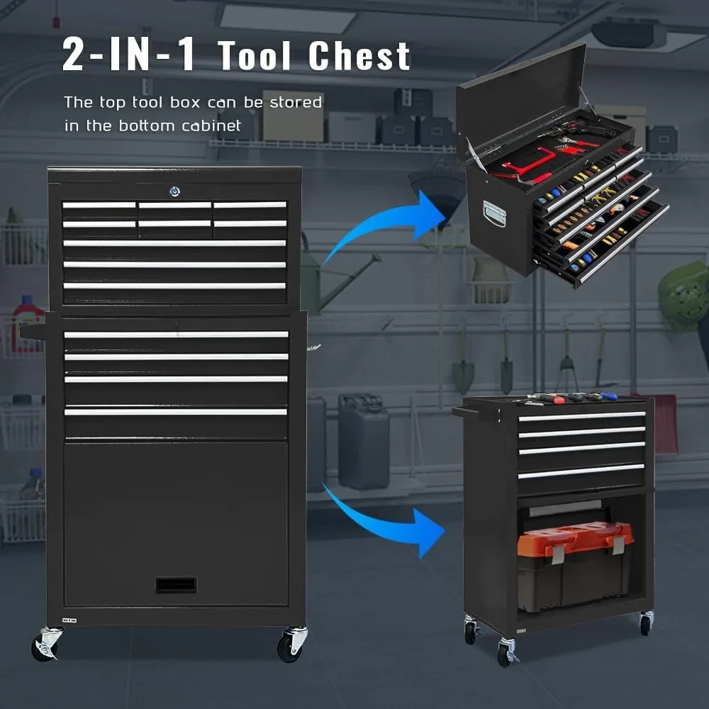 خزانة أدوات دوارة ذات 13 درجًا مع عجلات، صناديق أدوات دوارة قابلة للفصل 2 في 1، خزانة أدوات متنقلة مع أدراج،