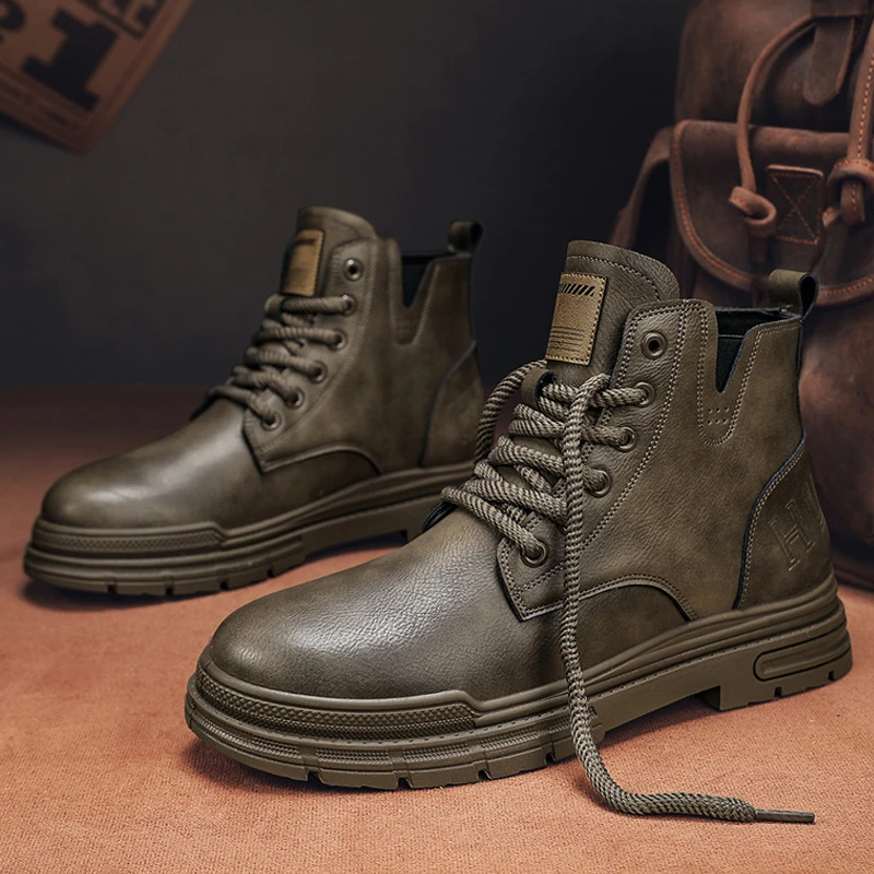 

Japanese Style Casual Men's Leather Shoes Thick Sole High Top Boots Trendy Youth Panel Shoes Jeans Match Breathable Winter Sport