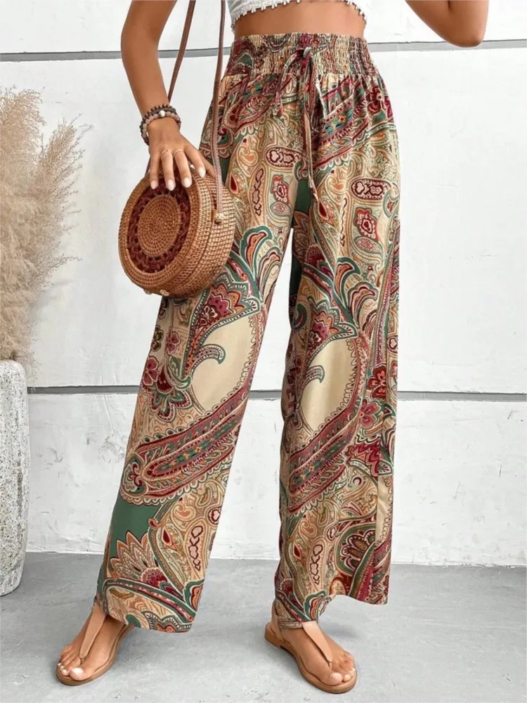 Calça casual Boho Beach para mulheres, solta com renda para cima do escritório senhora perna larga, feminino elástico na cintura sunmmer, estampa da