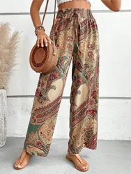 Calça casual Boho Beach para mulheres, solta com renda para cima do escritório senhora perna larga, feminino elástico na cintura sunmmer, estampa da moda