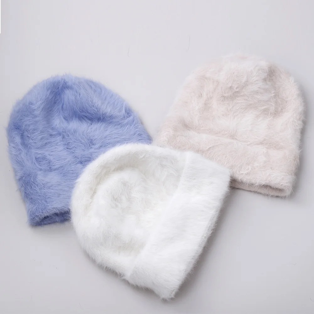 2022 new fashion Rabbit Fur Beanies Soft Warm Fluffy Bright silk Winter Hat for Women Hat Skullies Beanies Bonnet cap