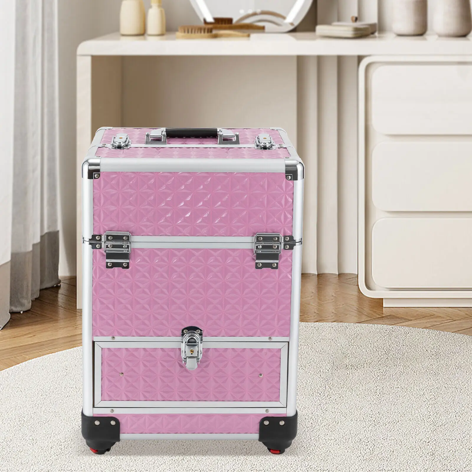 

Professional Rolling Makeup Train Case Cosmetic Trolley Makeup Storage Organizer Pink with Keys