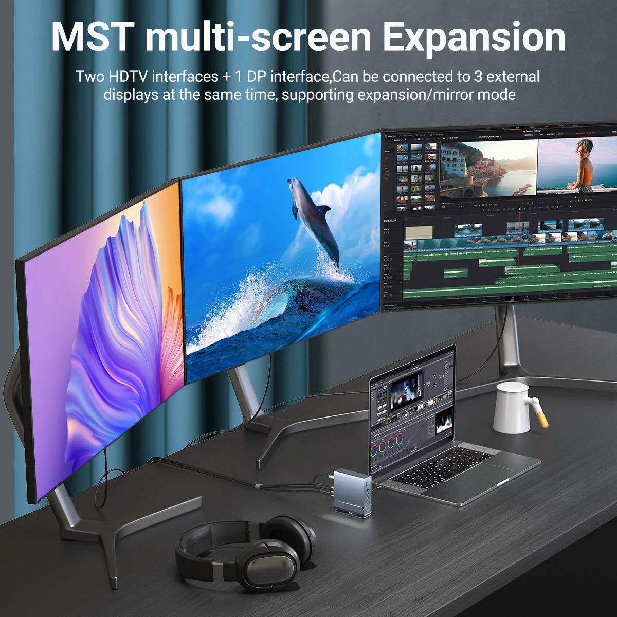 15 In 1 USB-C Docking Station，Type-C 4K60Hz HUB With HDTV*2+PD 100W+USB 2.0/3.0+SD+TF+RJ45 Ethernet+3.5 mm Audio+VGA For Laptop