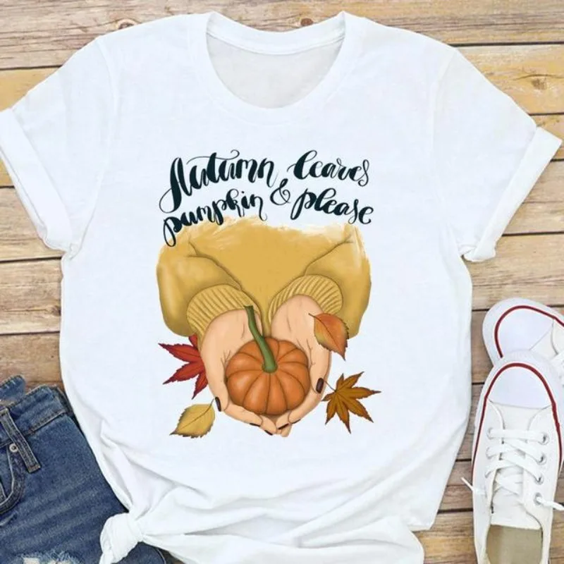 Camiseta estampada de paisagem natural de manga curta feminina, top de manga curta, camisa base, roupa estética, moda