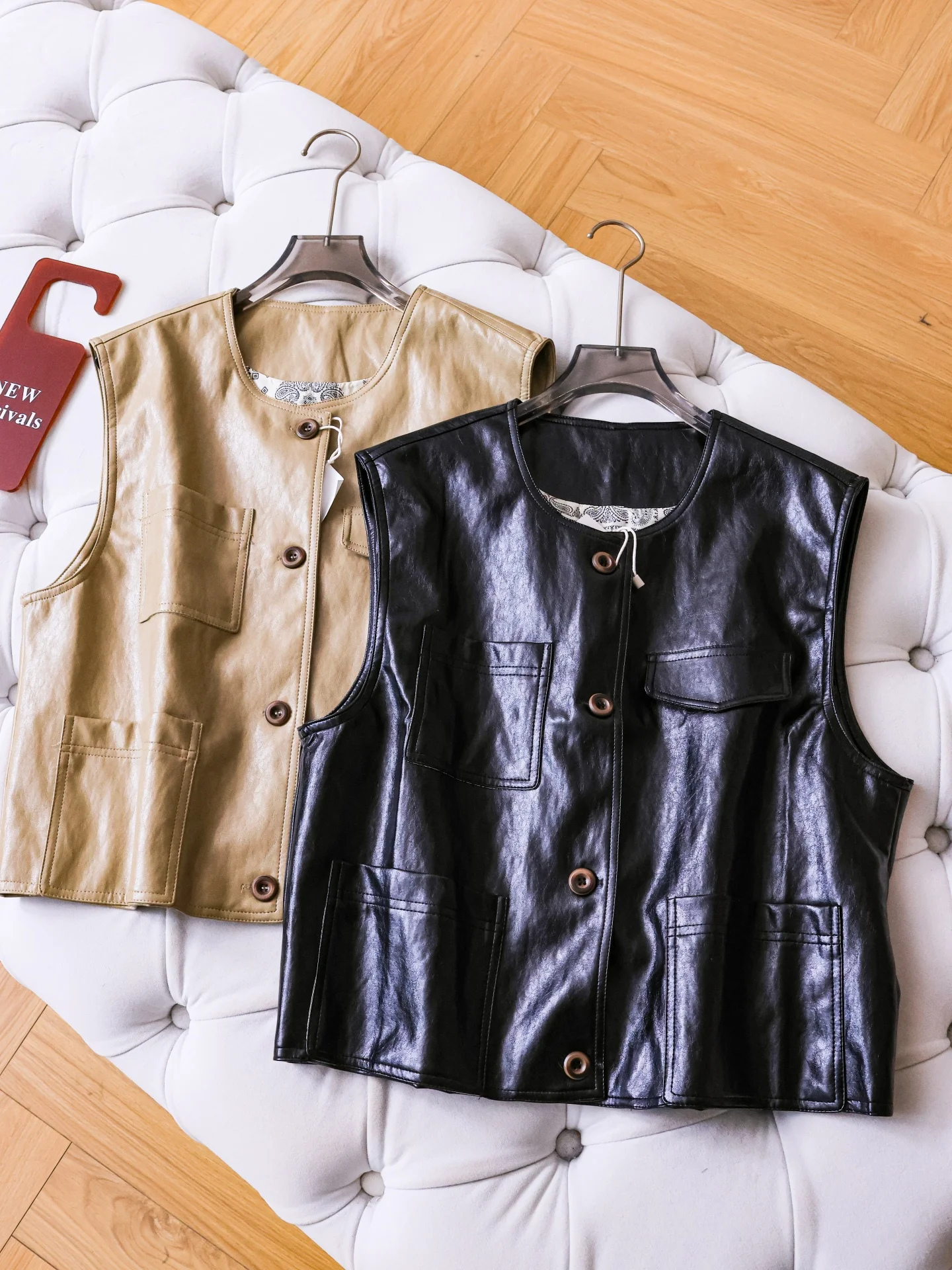 Loose Fit round Neck Sleeveless Jacket Women's Leather Vest Multi Pocket Workwear Style Casual Tank Top Pure Color E480
