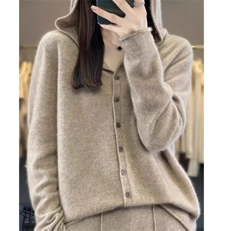 

2024Новый осенне-зимний вязаный кардиган с капюшоном для женщин, свободная толстовка с капюшоном, пальто, вязаный свитшот, модный кашемировый топ