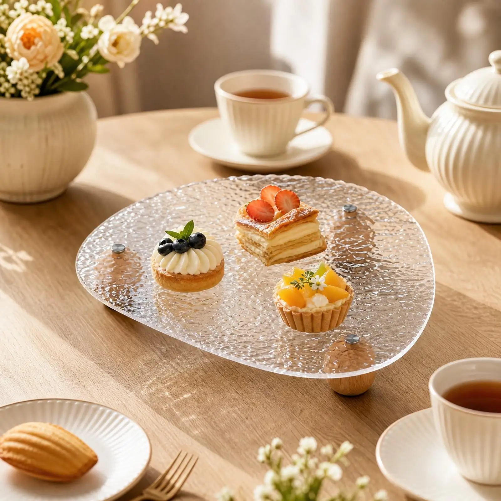 Acrylic Display Tray with Wood Support Versatile Acrylic Dessert Serving Tray Dessert Riser Stand Easy to Clean Long-Lasting