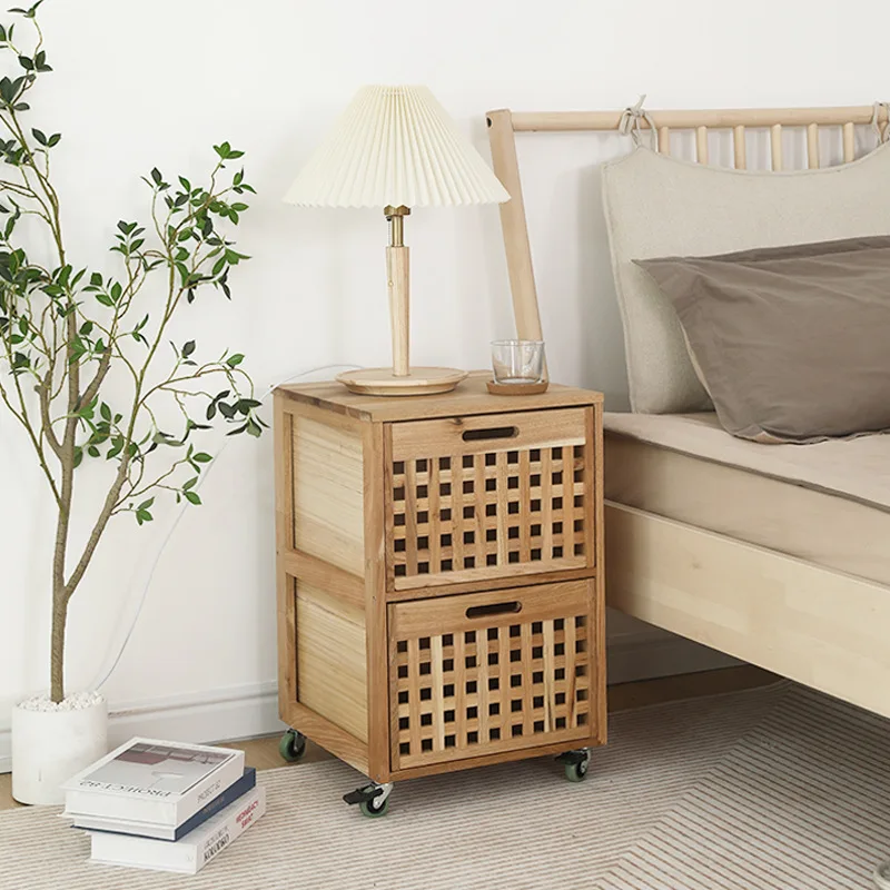 Solid wood bedside table Wooden storage Japanese grid storage edge removable storage cabinet