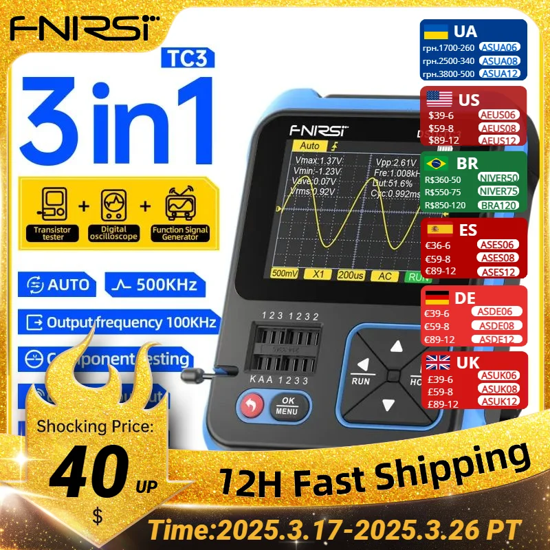 FNIRSI DSO-TC3 Mini Handheld Digital Oscilloscope Transistor Tester Signal Source 3in1 Multifunction Electronic Component Tester