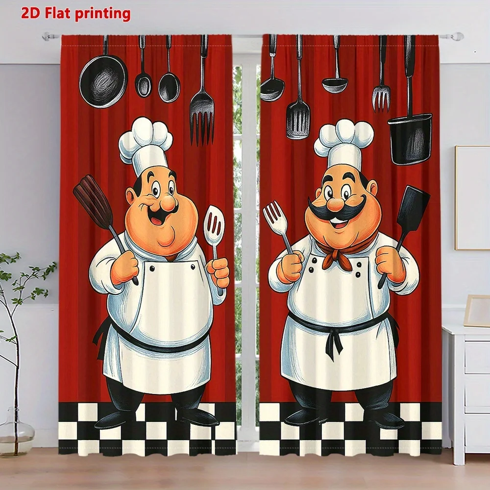 Cartoon Chef Curtain, Funny Cook with Kitchen Utensils Window Drapes, Red and White Checkered Decor for Restaurant Kitchen