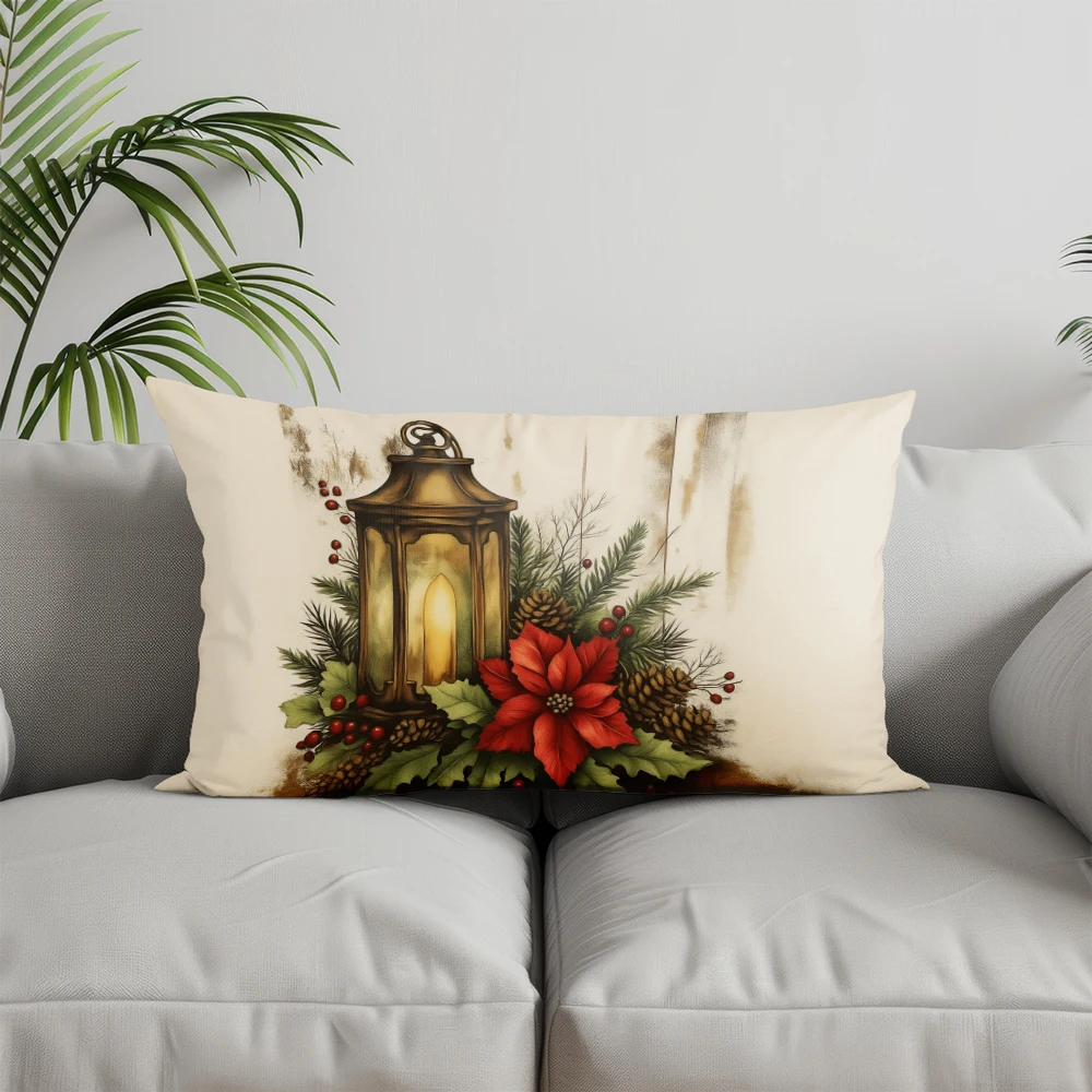 Home Decor Lantern & Poinsettia Christmas Pillow Suitable For Sofa Bedroom Car Pillow Cover Cushion Rectangular Back Cushion