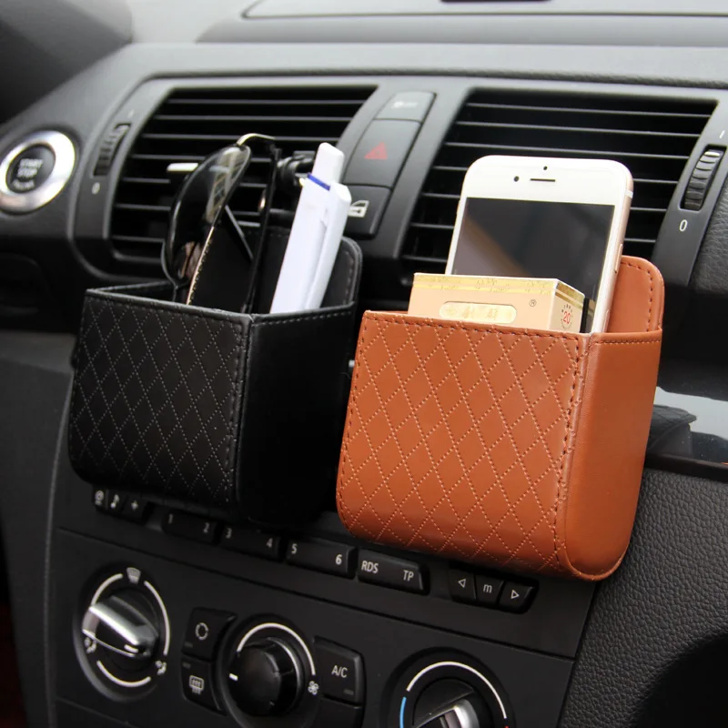 1pc Car PU Leather Air Vent Storage Bag - Multi-functional Phone Holder and Organizer for Easy Access and Clutter-Free Driving