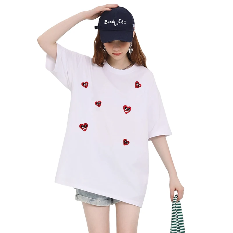 Frauen Baumwolle T-shirt Sommer Oansatz Kurzarm Gerade Lose Tops 3D Stickerei Liebe Herz Auge Bart Muster Casual Tees